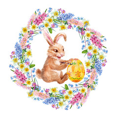 Rabbit paints egg. Easter. Wreath of spring flowers. Watercolor.
