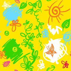 Fototapeta na wymiar funny abstract yellow pattern with flowers butterflies and spots