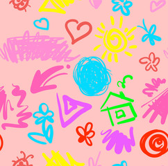 summer tender funny seamless pattern with drawn spots stripes butterflies and flowers pink version