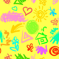 summer tender funny seamless pattern with drawn spots stripes butterflies and flowers yellow version