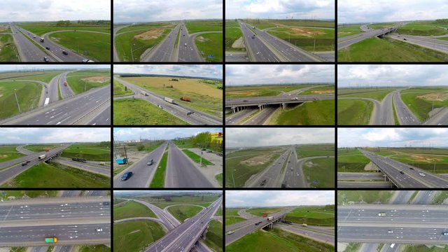 Multiple screens transportation videos. Transport, delivery, travelling concept 4K