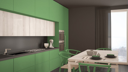 Modern minimal green kitchen with wooden floor, classic interior design