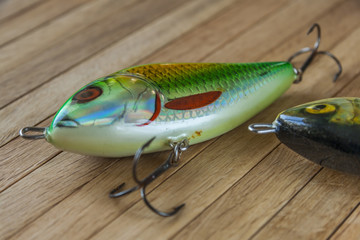 Lures on a wooden background