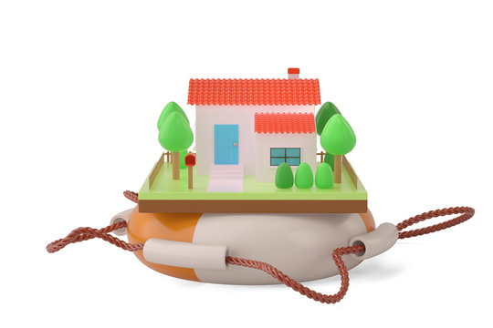 House On A Life Preserver.3D Illustration.