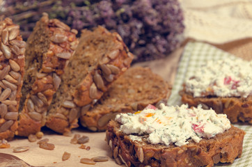 Homemade bread with fresh rustic cheese