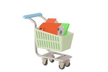 House in a shopping cart isolated on white.3D illustration.