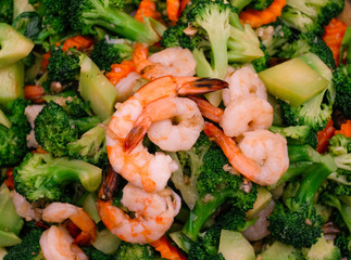 Closeup shot of Fried broccoli with shrimp. 