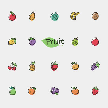 Set of doodle fruit icons isolated on light grey background.