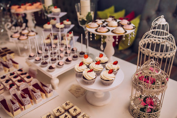sweet bar with muffins cakes and sweets in area of wedding party