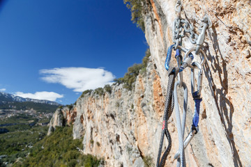 climbing equipment on the top of the walls overlooking the valley Geykbairi