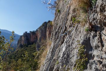 climbing equipment on the top of the walls overlooking the valley Geykbairi