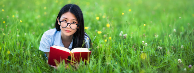Junge Frau auf einer Wiese liest ein Buch