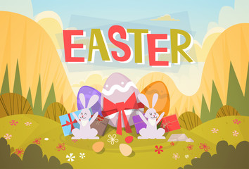 Rabbit Easter Holiday Bunny Decorated Eggs Greeting Card Flat Vector Illustration