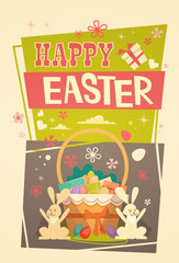 Easter Basket Holiday Symbols Greeting Card Vector Illustration