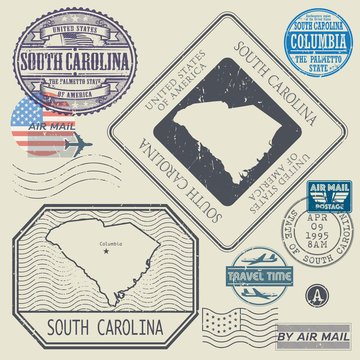 Retro vintage postage stamps set South Carolina, United States