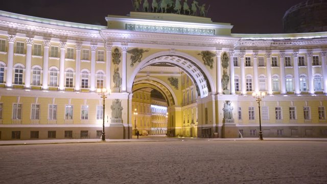 4k, panoramic view on Arch of General Staff Building in Palace square, Saint-Petersburg, Russia