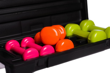 SET dumbbell in a case on a white background