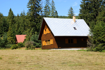 Fototapeta premium Wooden cottage among the mountains