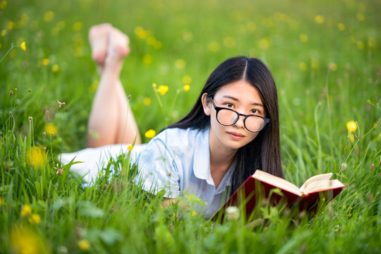 Junge Frau liest ein Buch auf einer Wiese