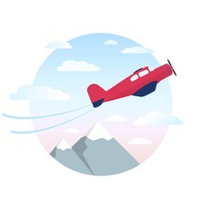 Red airplane is flying in the cloudy sky over mountains.