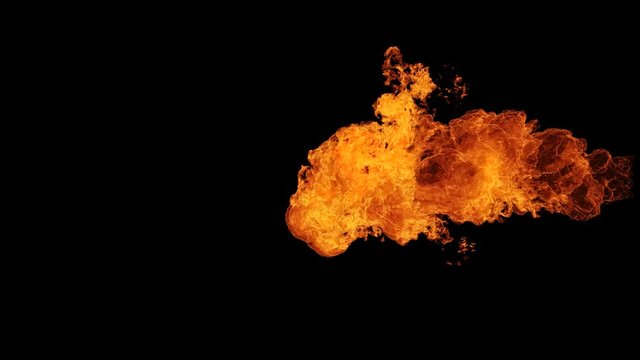Fire ball explosion shooting with high speed camera, isolated fire flame, slow motion gas ignition from right to left, isolated on black background, perfect for digital composition, video mapping.