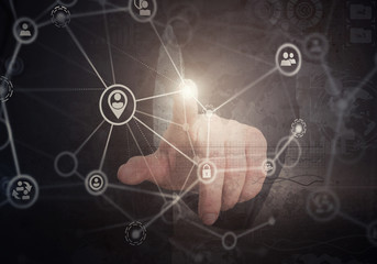 Male hand touching virtual dispaly controls. Web security concept. Mixed media