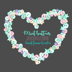 Heart frame, border with watercolor pink and mint buttons, hand drawn isolated on a dark background