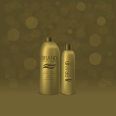 Golden shampoo and foam bottles