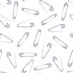 Seamless pattern with watercolor safety pins, hand drawn isolated on a white background