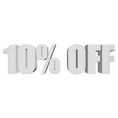 10 percent off letters on white background. 3d render isolated.