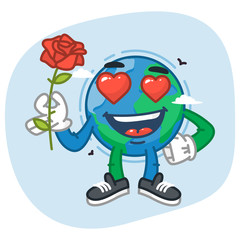 Character Earth in Love Holding Flower Rose