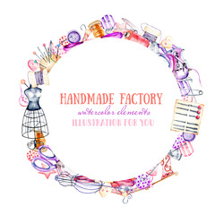 Circle frame border, wreath with watercolor sewing elements, hand drawn isolated on a white background