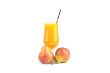 fresh pears juice and fruit on white background