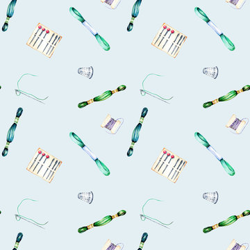 Seamless pattern with watercolor green and blue thread floss and needles, hand drawn isolated on a blue background