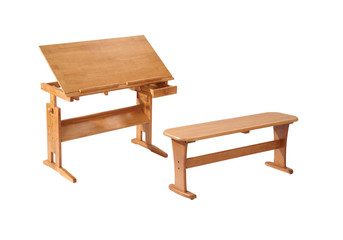Fototapeta premium Wooden desk and chair isolated on white background with clipping path. 