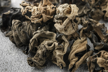 Dry black Chinese mushrooms. Ears. Traditional a popular ingredient for cooking Oriental and Asian cuisine. Selective focus