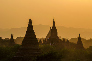 silhouette of tourist waiting for sunset on Pagoda in Bagan, Myanmar