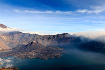 Gunung Barujari active volcanic cone in the Segara Anak crater lake 2000ft below