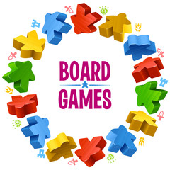 Circle frame of multicolored meeples for board games. Game pieces and resources counter icons isolated on background. Vector border for design boardgames advertisement or template of t-shirt print