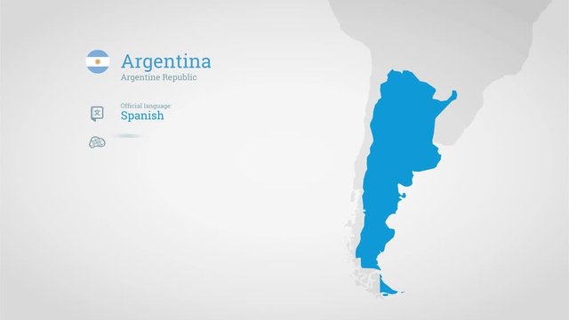Animated infographics map with country's flag and profile. Argentina
