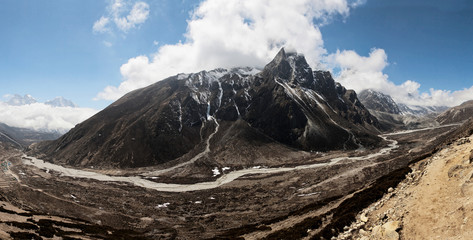 High resolution panoramic view from summer yak farm on the Himalaya peaks near Ama Dablam, Nepal