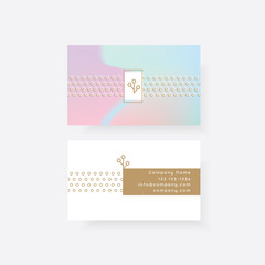 Creative fashionable colorful feminine business card template design with golden logo mark