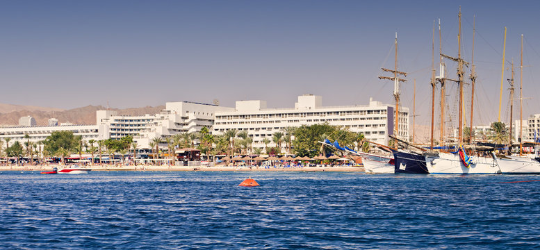 Central public beach and marina in Eilat - famous resort and recreation city in Israel