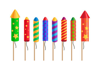 Kinds of Fireworks. Pyrotechnic Set. Rockets.