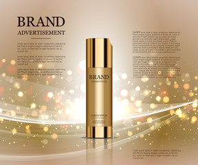 Cosmetic ads template, droplet bottle mockup isolated on dazzling background. Golden foil and bubbles elements. 3D illustration.