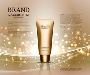 Cosmetic ads template, droplet bottle mockup isolated on dazzling background. Golden foil and bubbles elements. 3D illustration.
