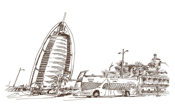 Sketch Of Burj Al Arab With Bus DUbai UAE In Vector Illustration.