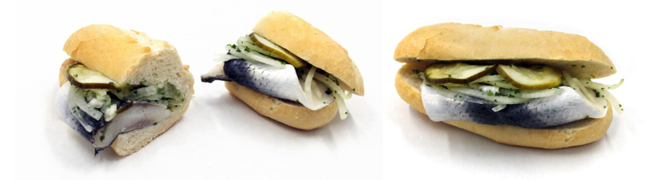 Bismarck-Hering-Br&ouml;tchen, Fischbr&ouml;tchen - H&auml;lften und ganz - FdH, Di&auml;t, Friss die H&auml;lfte - freigestellt (wei&szlig;er Hintergrund) 