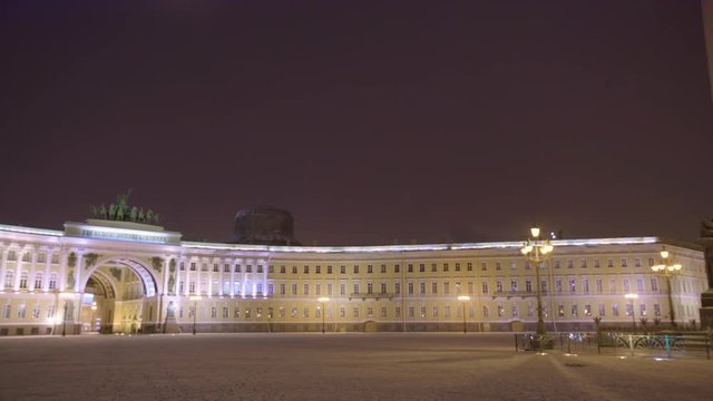 4k, panoramic view on Arch of General Staff Building and Winter palace in Palace square, Saint-Petersburg, Russia