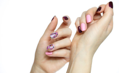 Nail design . Manicure nail paint . beautiful female hand with colorful nail art design manicure